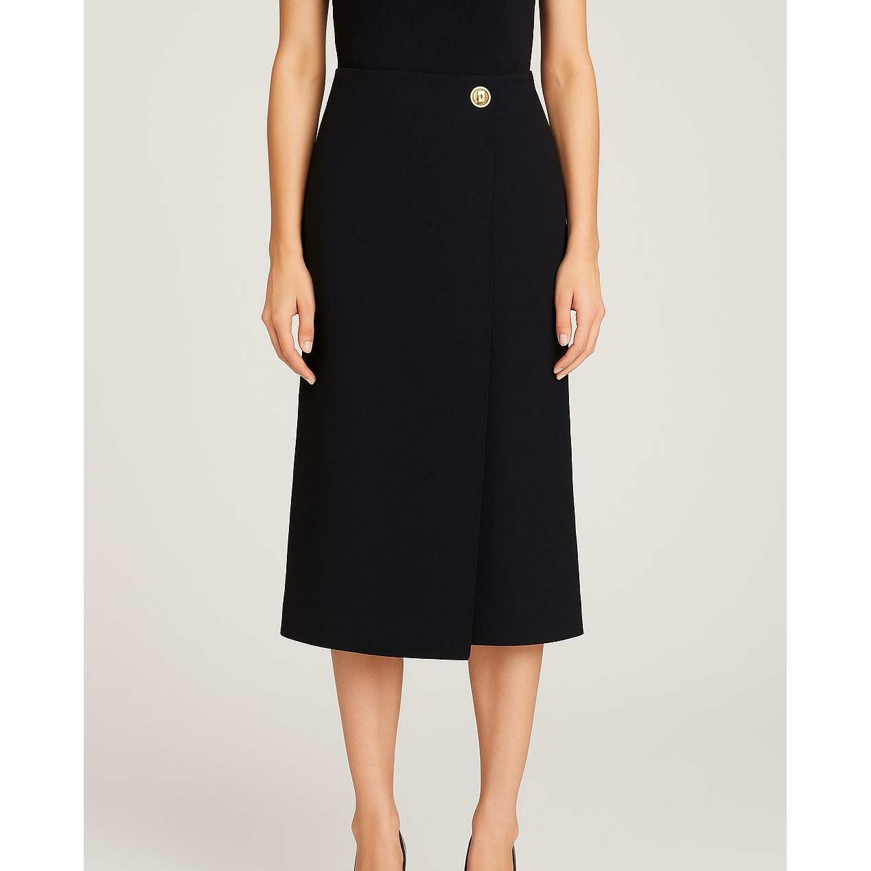 Givenchy Wool Crepe Wrap Midi Skirt Black Gold Turn Lock Hardware Silk 36 Nwt